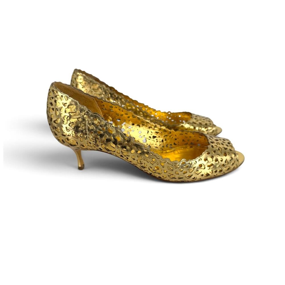 Sergio Rossi shoes women's 37 kitten heel peep toe lacer cut metallic gold pumps